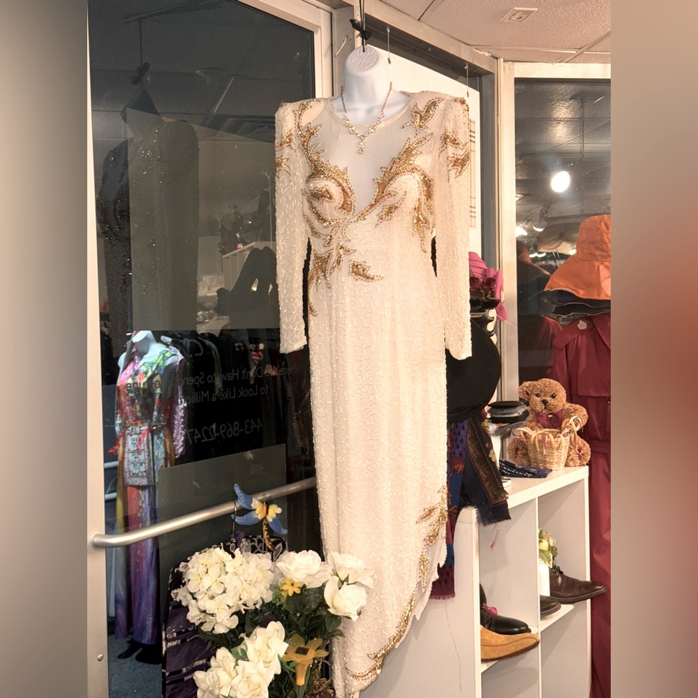 Vintage sequence white and gold cocktail, dress with gold detail trimming